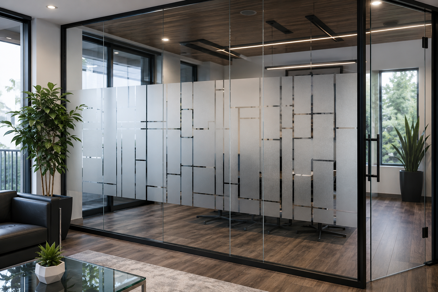 Decorative frosted glass film in office